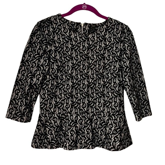 J. Crew - Women’s 3/4 Sleve Lace Overlay Peplum Blouse - XS Black Over Cream - Picture 1 of 7